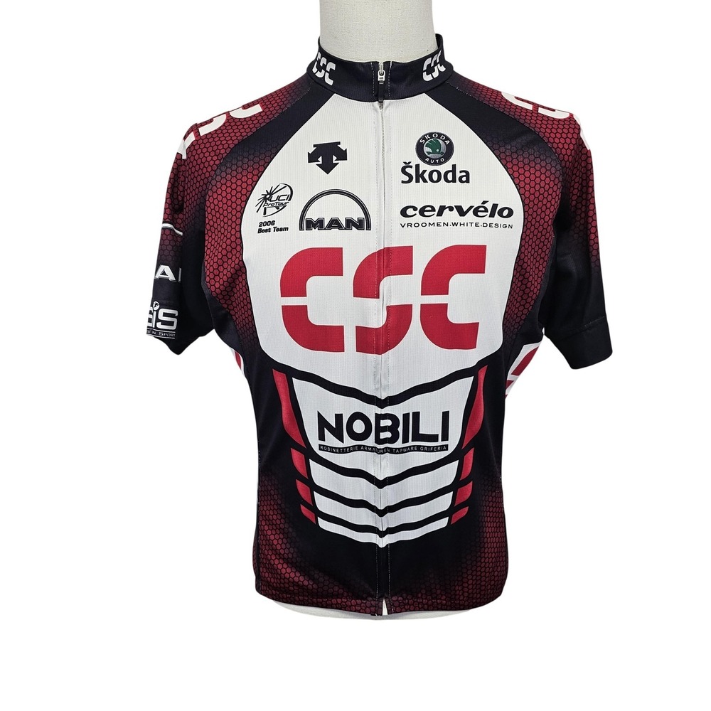 Descente CSC Cycling Jersey Mens L Large Full Zip Short Sleeve Shirt Black Red
